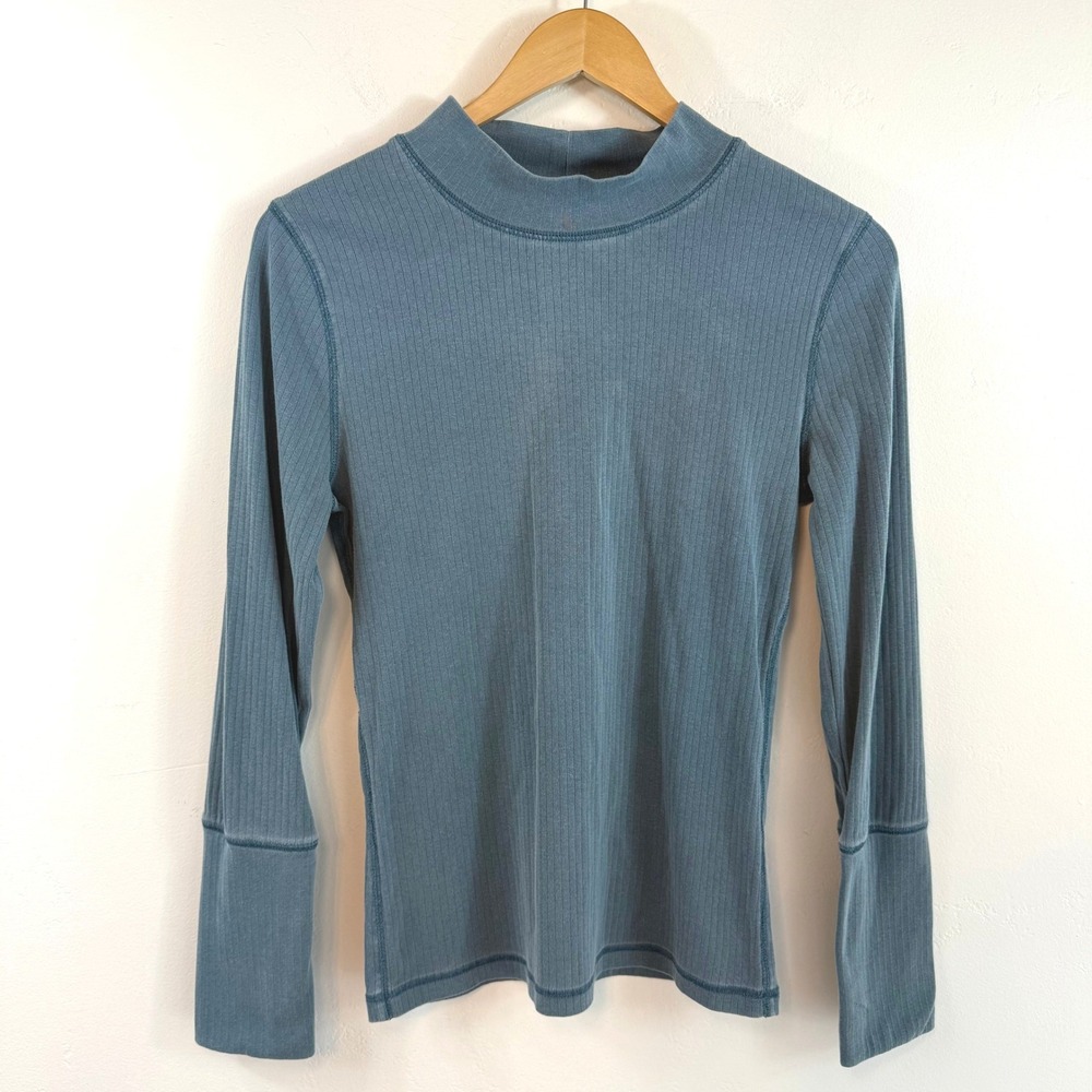 Free People Intimately Blue Ribbed Long Sleeve Top Mock Neck Preppy Minimalist L
